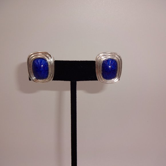 Vintage Christian Dior Silver Tone & Blue Clip On Earrings Marked - Picture 1 of 8